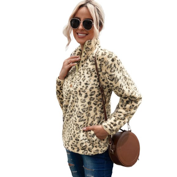 Women Leopard Quarter-Zip Fleece Sweatshirt - Picture 5 of 5